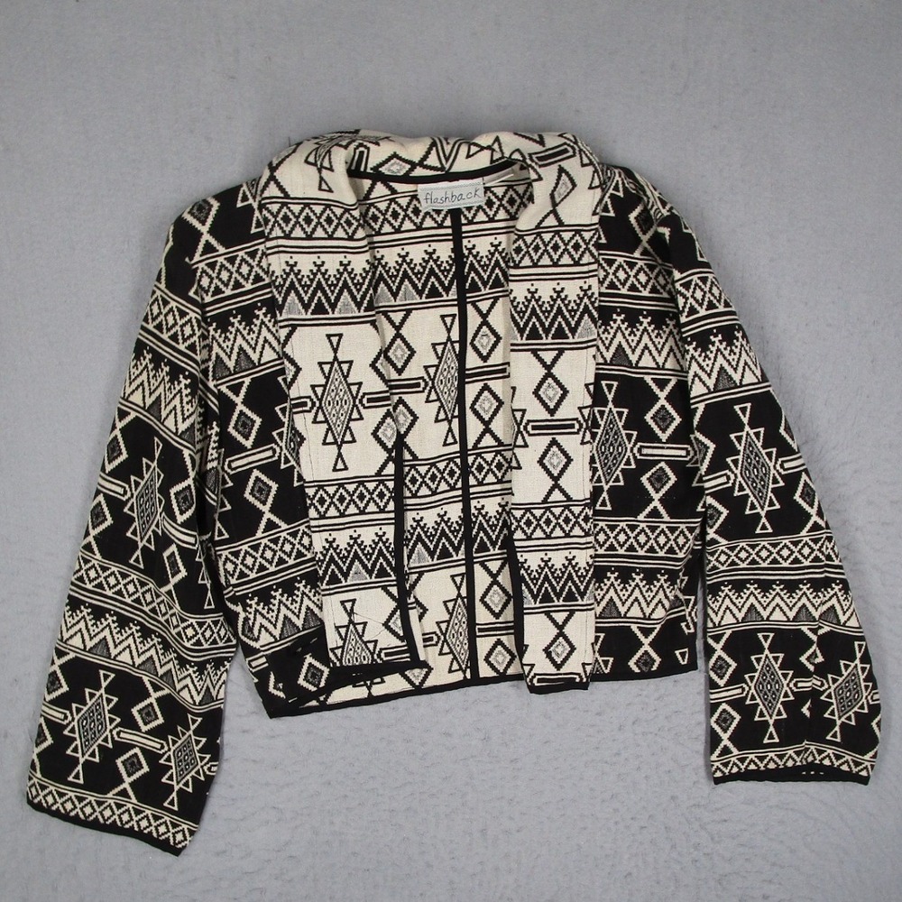 Flashback Vintage Women Black White Aztec Tribal Woven Cotton Jacket Large